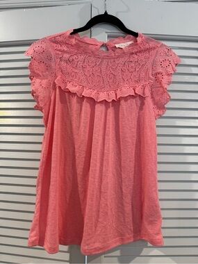 Women's Pink Eyelet Lace Yoke Flutter Sleeve Blouse